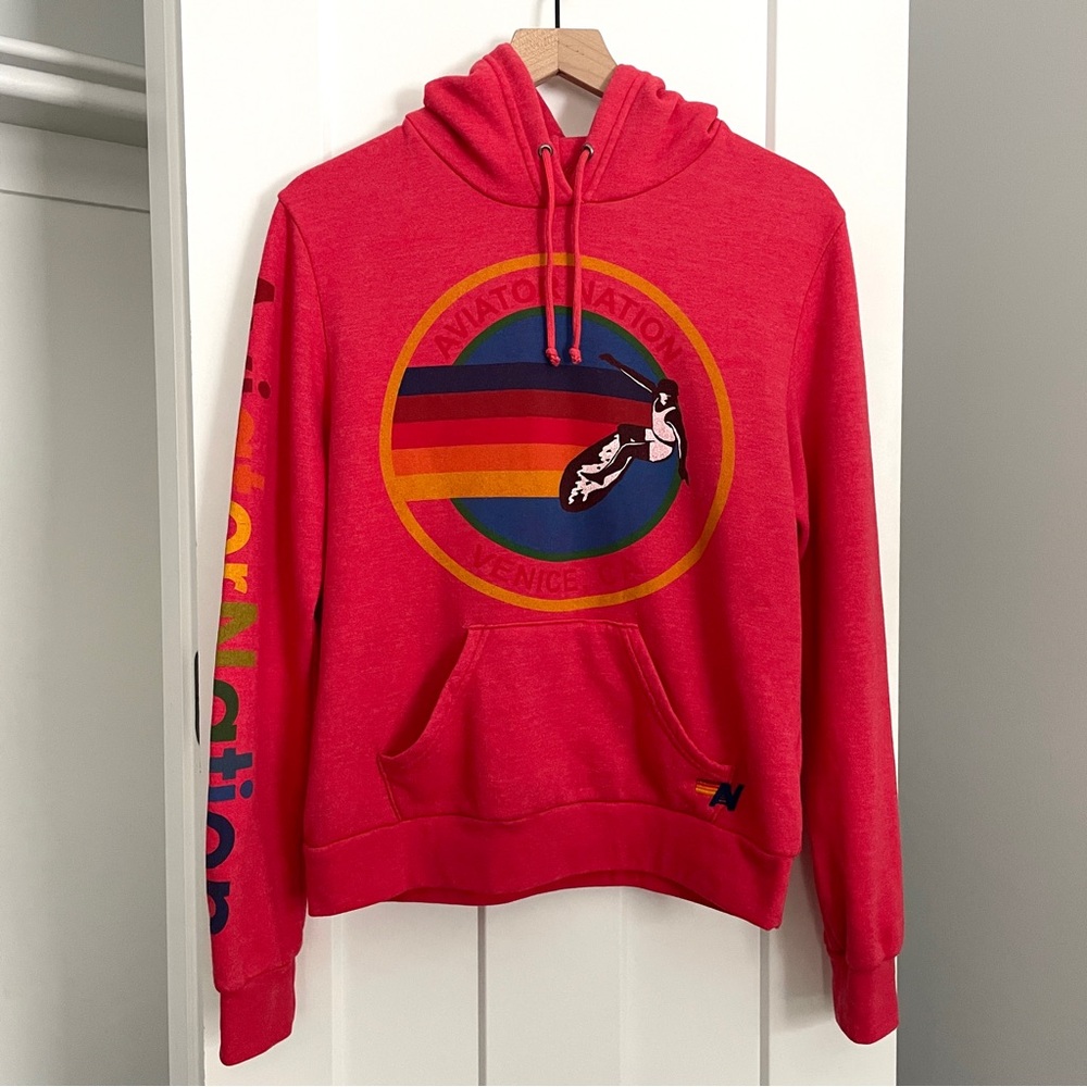 Aviator Nation Pullover Hoodie Sweatshirt Neon Red Venice Size Small - Picture 2 of 7